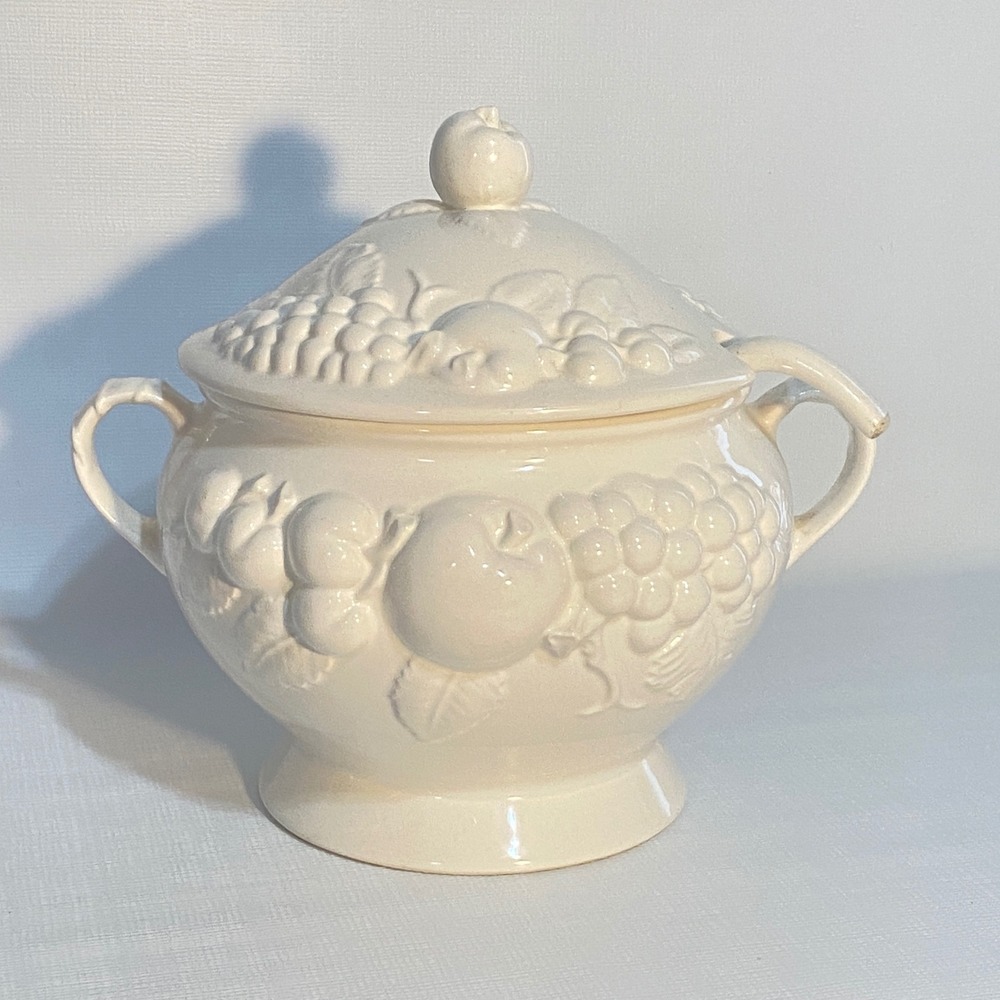Vintage Signature Japan Ceramic Soup Tureen with Lid and Ladle Embossed Fruit